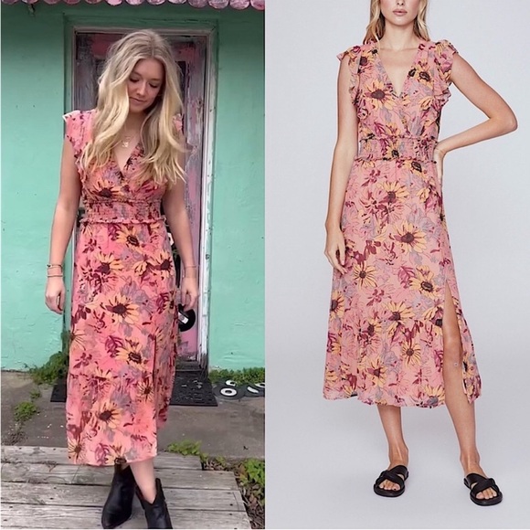 PAIGE Katharina Floral Silk Midi Dress Size Large Ruffle Feminine - Picture 1 of 16